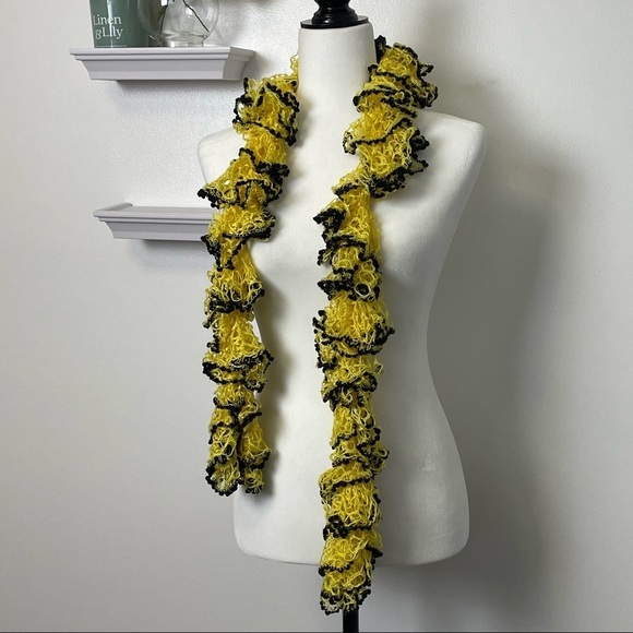 Ruffs & Pom-Poms Crocheted Yellow Black Scarf - Picture 3 of 10